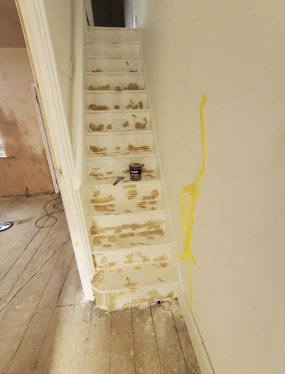 Staircase filled and sanded, ready for paint